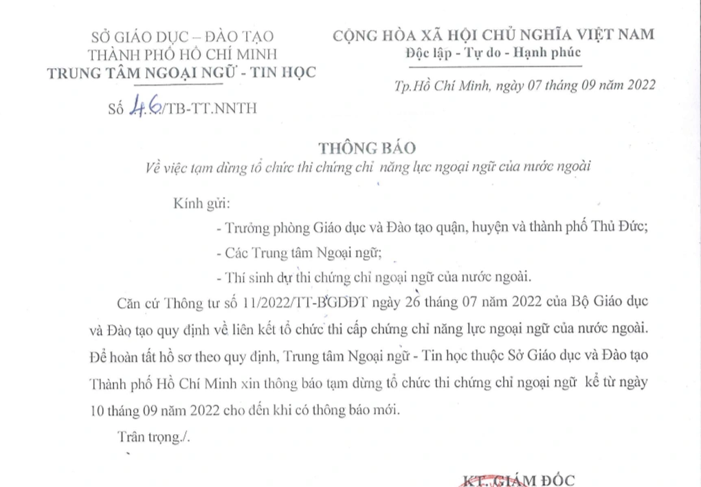 TPHCM tạm dừng thi tất cả chứng chỉ ngoại ngữ của nước ngoài - 1 TPHCM tạm dừng thi tất cả chứng chỉ ngoại ngữ của nước ngoài - 1