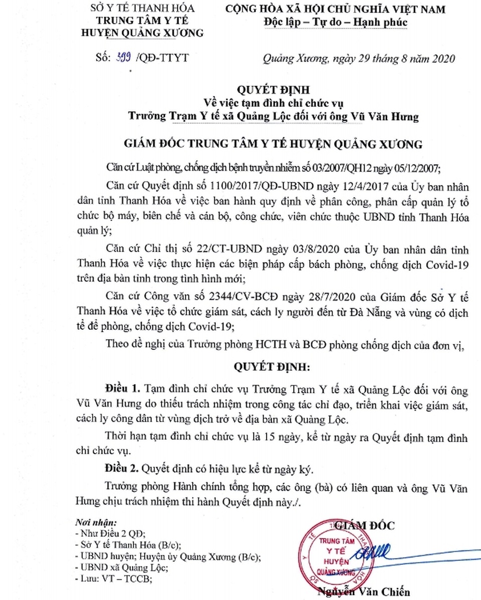 Thêm một cán bộ bị đình chỉ chức vụ vì lơ là chống dịch - 1 Thêm một cán bộ bị đình chỉ chức vụ vì lơ là chống dịch - 1