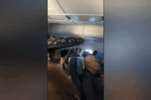 Hành khách trên máy bay lấy ô che mưa cho khỏi ướt