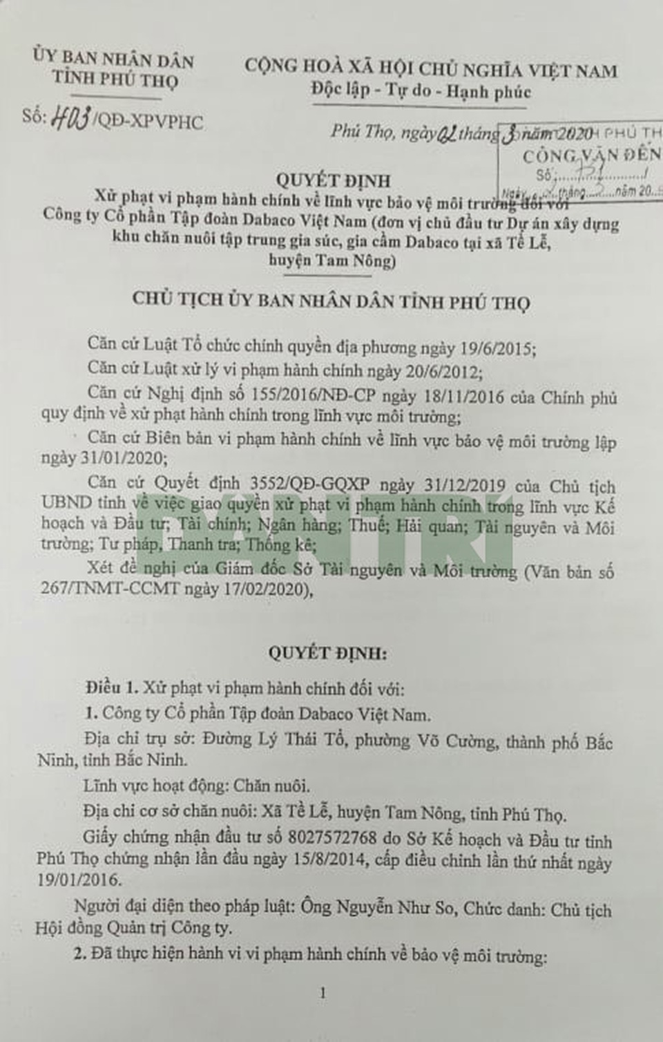 Công ty Dabaco bị phạt hàng trăm triệu đồng vì vi phạm môi trường - 2 Công ty Dabaco bị phạt hàng trăm triệu đồng vì vi phạm môi trường - 2