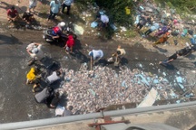 Xe tải lật ngang cầu, người dân giúp tài xế gom gần 8 tấn cá