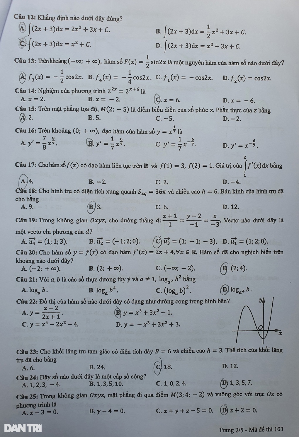 Gợi ý đáp án môn toán mã đề 101, 102, 103, 104, 105, 106, 107, 108 - 10