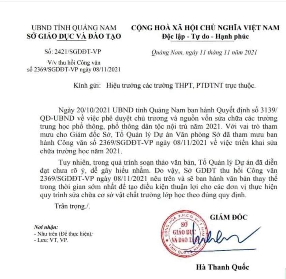Thu hồi văn bản về sửa chữa trường học vì diễn đạt chưa rõ ý - 1 Thu hồi văn bản về sửa chữa trường học vì diễn đạt chưa rõ ý - 1