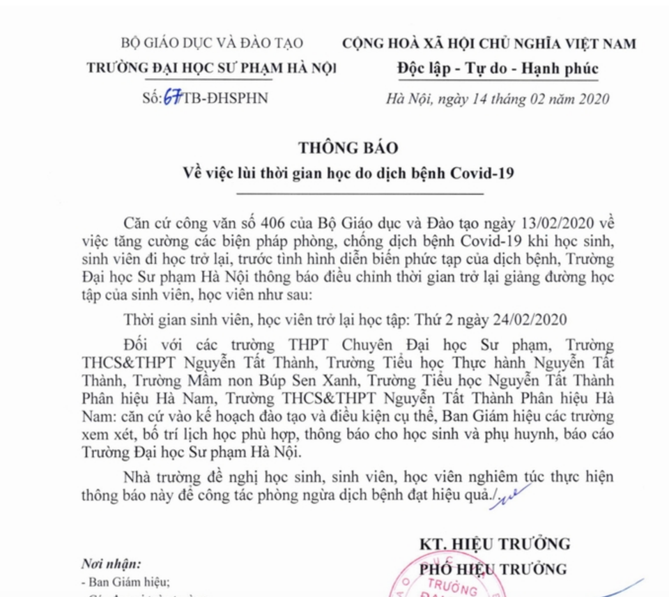 Hàng loạt trường đại học tiếp tục cho sinh viên nghỉ đến tuần cuối tháng 2 - 4 Hàng loạt trường đại học tiếp tục cho sinh viên nghỉ đến tuần cuối tháng 2 - 4