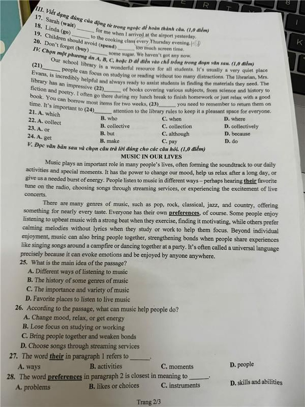 Preguntas y respuestas del examen de inglés y matemáticas para el grado 10 en Phu Tho - 2 Đề thi và đáp án môn tiếng Anh, toán thi lớp 10 của Phú Thọ - 2