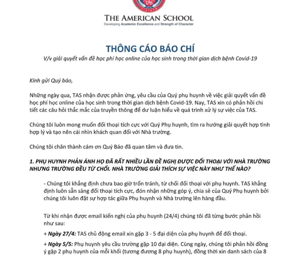 “Tiếp” phụ huynh qua song cửa, Trường Quốc tế Mỹ khẳng định không né tránh - 2 “Tiếp” phụ huynh qua song cửa, Trường Quốc tế Mỹ khẳng định không né tránh - 2