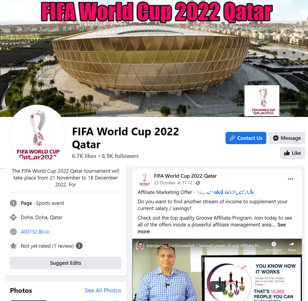 Một fanpage Facebook mạo danh World Cup để quảng bá trang web đính kèm mã độc (Ảnh chụp màn hình). Một fanpage Facebook mạo danh World Cup để quảng bá trang web đính kèm mã độc (Ảnh chụp màn hình).