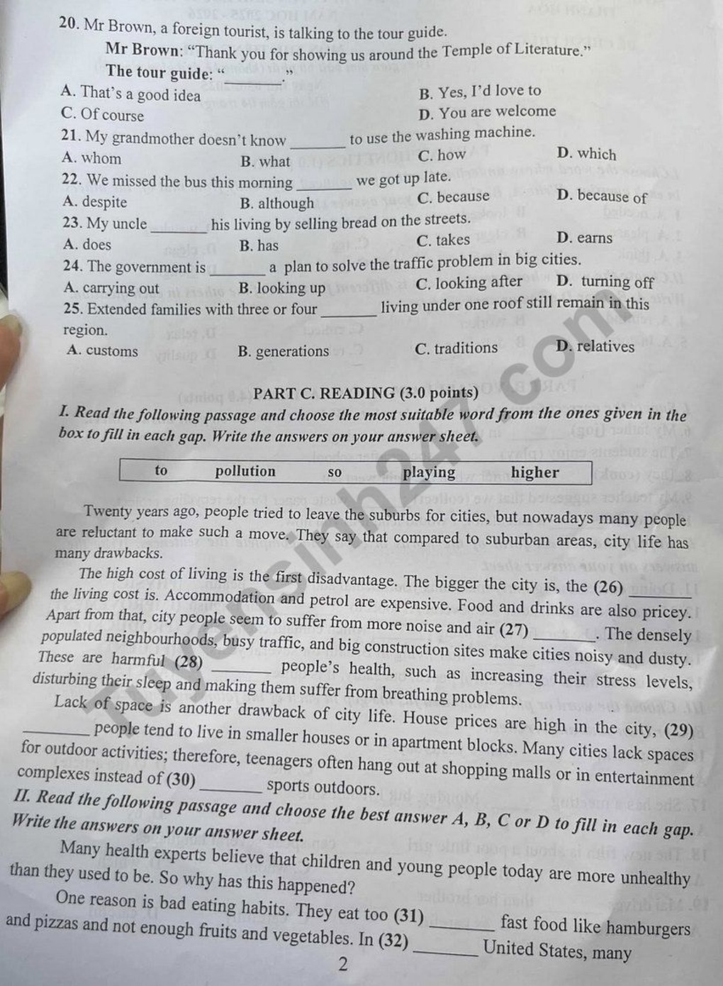 English exam questions and answers for grade 10 in Thanh Hoa province in 2025 - 2 Đề thi và đáp án môn tiếng Anh vào lớp 10 tỉnh Thanh Hóa năm 2025 - 2