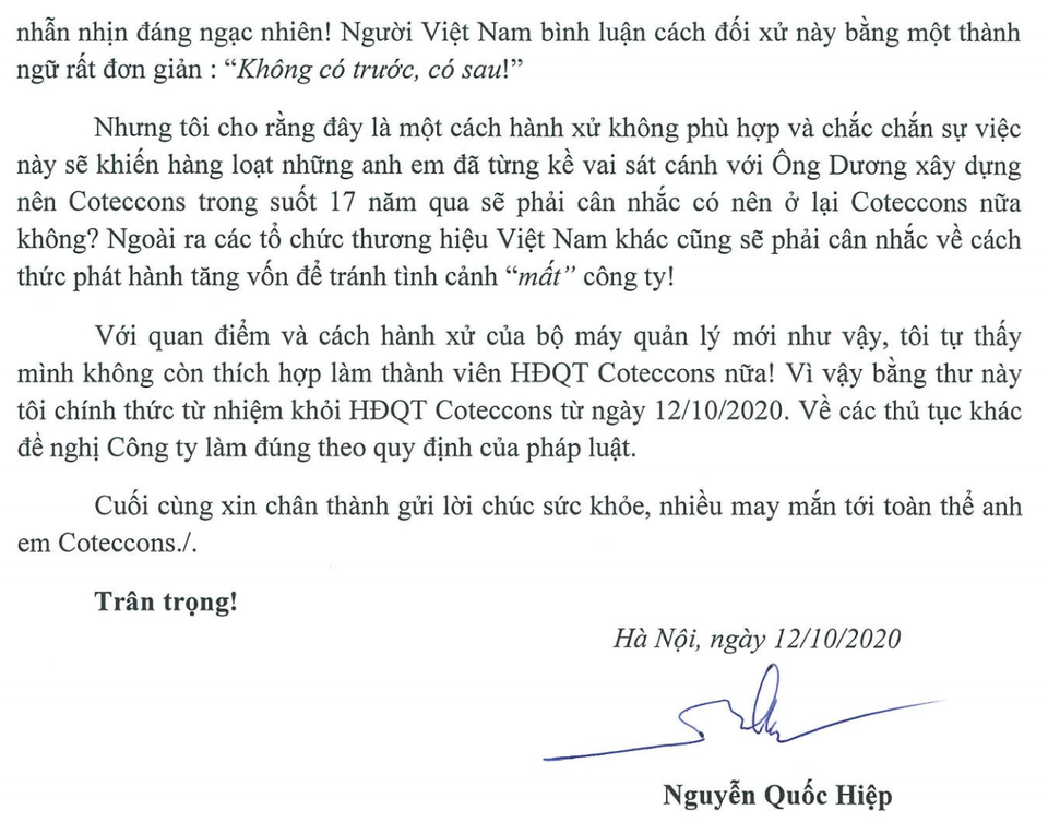 Xôn xao thư từ nhiệm của Chủ tịch Hiệp hội Nhà thầu Xây dựng khỏi Coteccons - 2 Xôn xao thư từ nhiệm của Chủ tịch Hiệp hội Nhà thầu Xây dựng khỏi Coteccons - 2