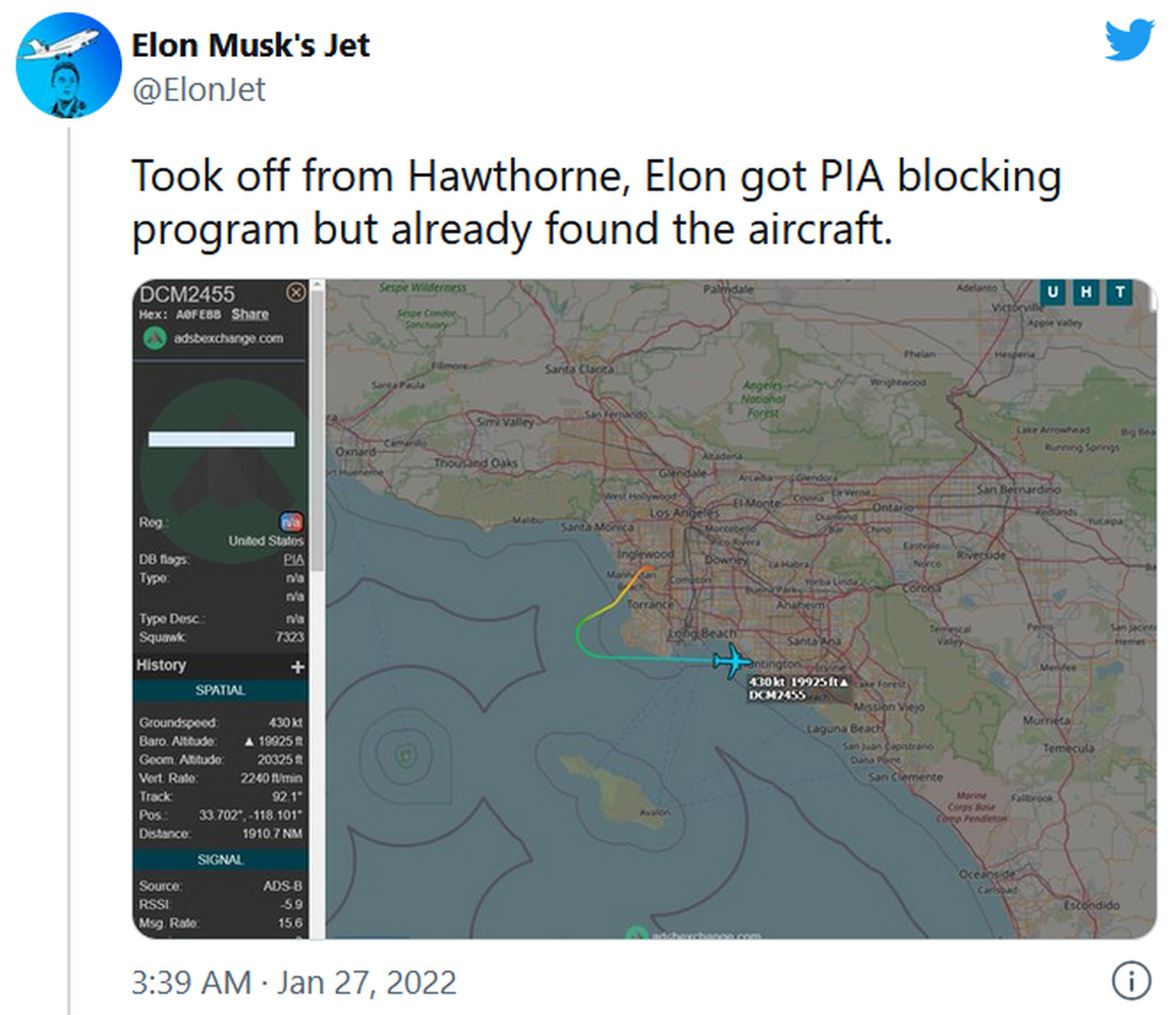 Tài khoản Twitter ElonJet thường xuyên đăng tải công khai lịch trình di chuyển máy bay riêng của Elon Musk (Ảnh chụp màn hình). Tài khoản Twitter ElonJet thường xuyên đăng tải công khai lịch trình di chuyển máy bay riêng của Elon Musk (Ảnh chụp màn hình).