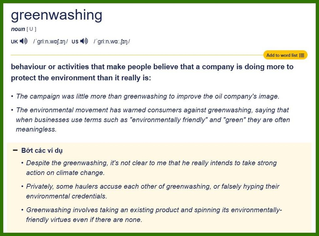 Greenwashing៖ ពាក្យដែលលងបន្លាចបេក្ខជនប្រឡងសញ្ញាបត្រមធ្យមសិក្សាភាសាអង់គ្លេស - ២ Greenwashing: Thuật ngữ ám ảnh thí sinh thi tiếng Anh tốt nghiệp THPT - 2