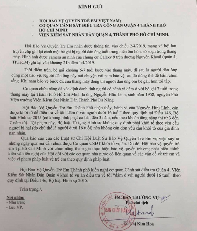 Hội Bảo vệ quyền trẻ em TP.HCM yêu cầu khởi tố tội Dâm ô trẻ em đối với ông Nguyễn Hữu Linh - Ảnh 1. Hội Bảo vệ quyền trẻ em TP.HCM yêu cầu khởi tố tội Dâm ô trẻ em đối với ông Nguyễn Hữu Linh - Ảnh 1.