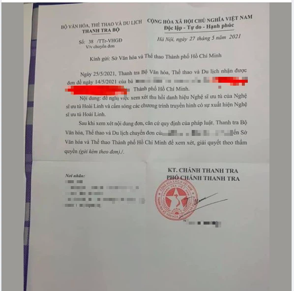 Bộ Văn hóa nói gì về đơn đòi thu hồi danh hiệu và cấm sóng Hoài Linh? - 1 Bộ Văn hóa nói gì về đơn đòi thu hồi danh hiệu và cấm sóng Hoài Linh? - 1