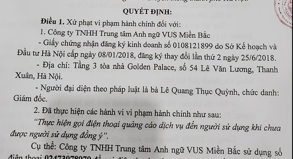 Hà Nội: Trung tâm Anh ngữ bị phạt nặng vì gọi điện quảng cáo - 1 Hà Nội: Trung tâm Anh ngữ bị phạt nặng vì gọi điện quảng cáo - 1