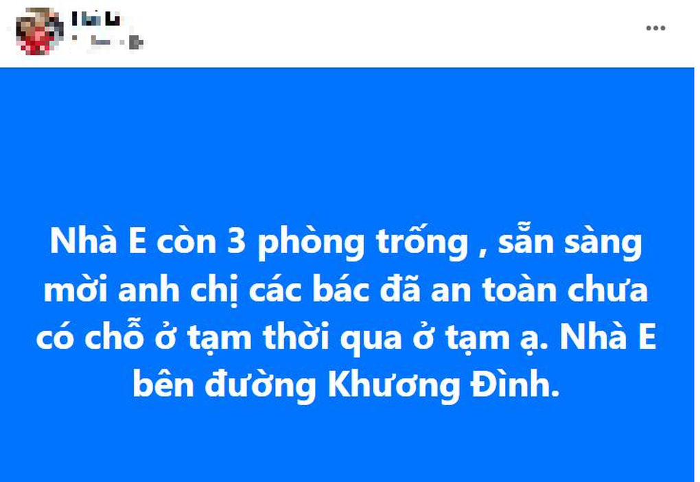 Một bài viết đề nghị hỗ trợ nơi ở tạm thời cho nạn nhân vụ cháy chung cư được nhiều cư dân mạng chia sẻ lại (Ảnh chụp màn hình). Một bài viết đề nghị hỗ trợ nơi ở tạm thời cho nạn nhân vụ cháy chung cư được nhiều cư dân mạng chia sẻ lại (Ảnh chụp màn hình).