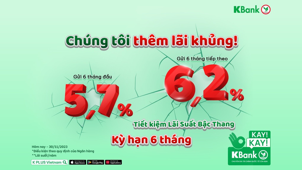 KBank áp dụng tiết kiệm lãi suất bậc thang từ 5,7% đến 6,2% - 1 KBank áp dụng tiết kiệm lãi suất bậc thang từ 5,7% đến 6,2% - 1