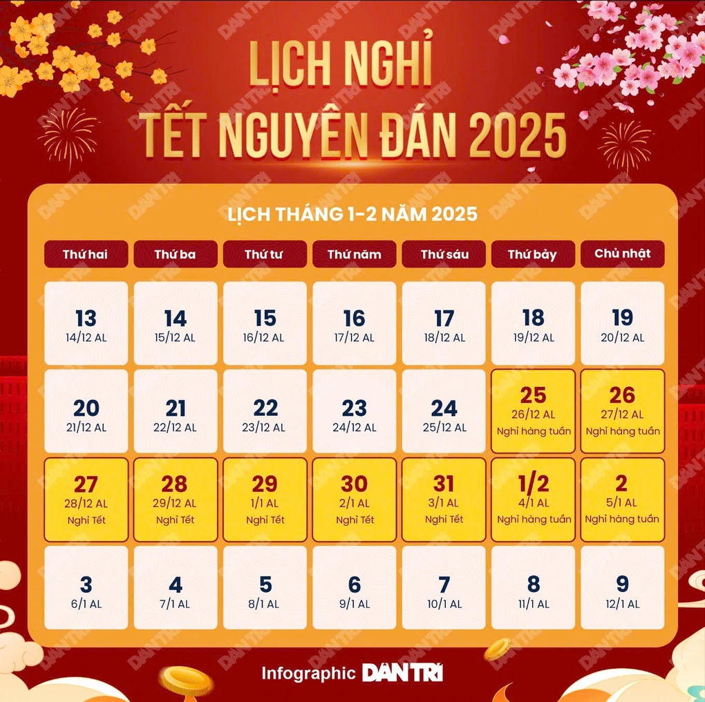 Hà Nội thông báo lịch nghỉ Tết Ất Tỵ và các ngày lễ lớn năm 2025 Báo