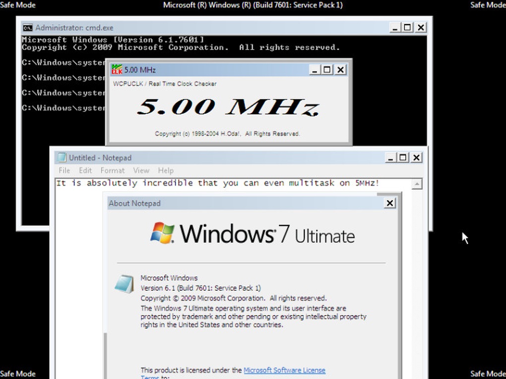 Windows 7 Ultimate được cài đặt trên máy tính sử dụng chip với xung nhịp xử lý chỉ 5MHz (Ảnh chụp màn hình). Windows 7 Ultimate được cài đặt trên máy tính sử dụng chip với xung nhịp xử lý chỉ 5MHz (Ảnh chụp màn hình).