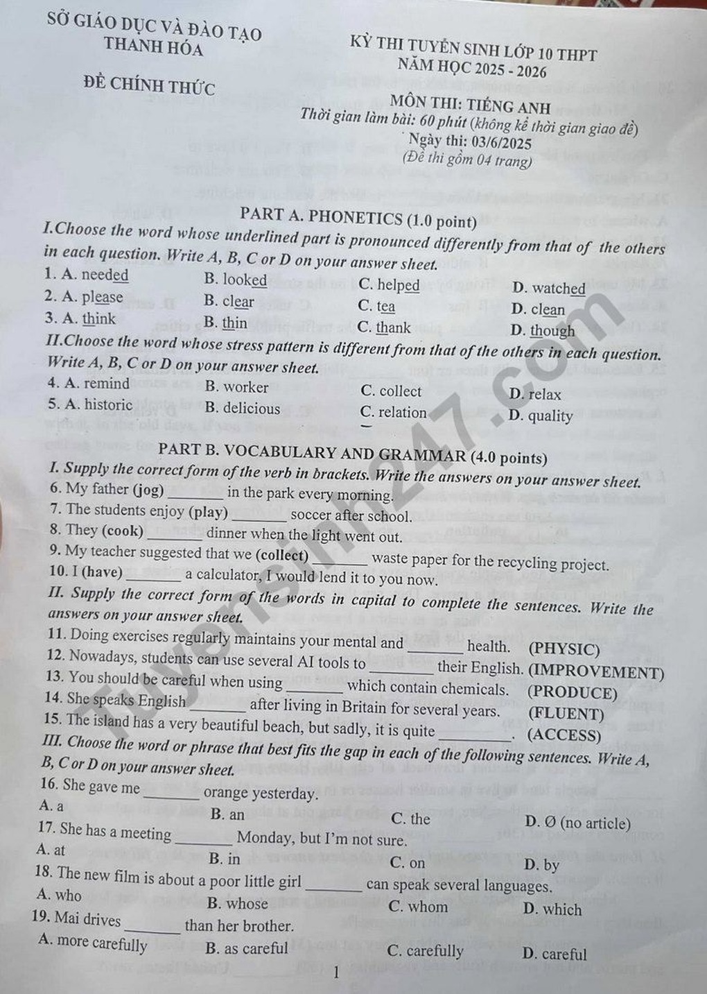 English exam questions and answers for grade 10 in Thanh Hoa province in 2025 - 1 Đề thi và đáp án môn tiếng Anh vào lớp 10 tỉnh Thanh Hóa năm 2025 - 1