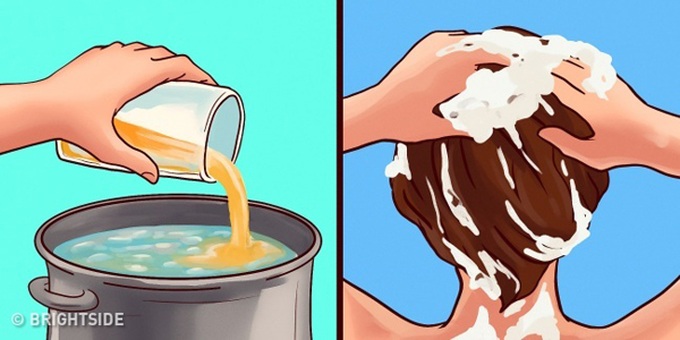 Dùng giấm táo thay cho dầu gội đầuCho 2-3 thìa dấm táo vào cốc nước ấm, thêm một thìa dầu ô liu và một thìa nước cốt chanh. Trộn đều hỗn hợp này sau đó thoa lên da đầu. Dùng khăn to quấn đầu và ủ trong khoảng 10-15 phút. Tiếp đó gội lại đầu bằng nước ấm. Áp dụng phương pháp này 1 - 2 lần mỗi tuần để thổi bay gàu, tăng sự mềm mượt cho tóc. 