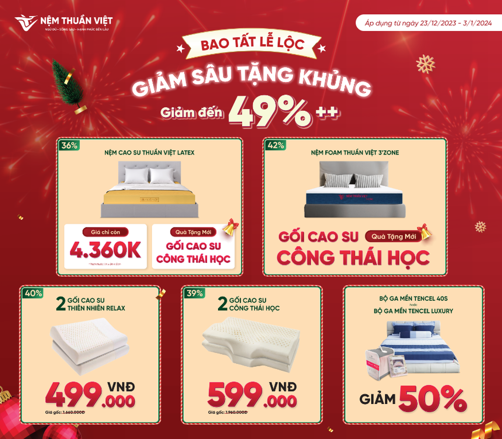 Nệm Thuần Việt tổ chức đại tiệc cuối năm - Chăn ga gối nệm giảm đến nửa giá - 1 Nệm Thuần Việt tổ chức đại tiệc cuối năm - Chăn ga gối nệm giảm đến nửa giá - 1