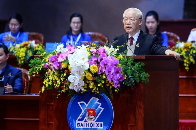 Thay mặt lãnh đạo Đảng, Nhà nước, Tổng Bí thư Nguyễn Phú Trọng phát biểu chỉ đạo Đại hội đại biểu Đoàn TNCS Hồ Chí Minh khóa XII .