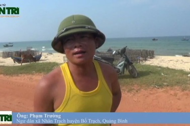 Ngư dân xã Nhân Trạch, huyện Bố Trạch trong khi lặn dưới biển họ đã phát hiện dưới đáy biển có một lớp màu vàng đục như váng mỡ dày gần nửa mét, bên cạnh đó còn có nhiều cá chết chìm đang phân hủy, nước có mùi hắc rất khó chịu (Thực hiện: Tiến Thành)