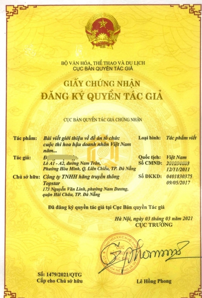 Chứng nhận đăng ký quyền tác giả về hình thức thể hiện Logo Hoa hậu Doanh nhân Việt nam do Cục Bản quyền tác giả (Bộ VH-TT&DL) cấp. Tác giả: Đặng Thị Hiệp. Chủ sở hữu: Công ty TNHH hãng truyền thông Topstar.
