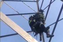 Giải cứu người phụ nữ 63 tuổi trèo lên cột điện cao 25m ở Hà Nội