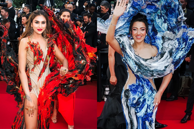 Hai người đẹp Ấn Độ diện trang phục của NTK Việt Nam tại LHP Cannes 2025