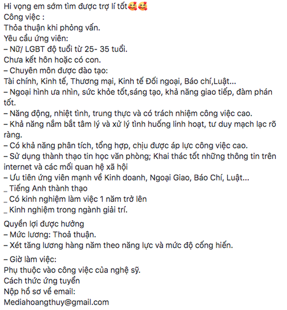 Tranh cãi nổ ra khi Hoàng Thuỳ tuyển trợ lý “nữ hoặc LGBT“ với loạt yêu cầu - 1 Tranh cãi nổ ra khi Hoàng Thuỳ tuyển trợ lý “nữ hoặc LGBT“ với loạt yêu cầu - 1