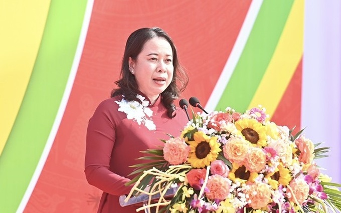 Quyền Chủ tịch nước Võ Thị Ánh Xuân phát biểu tại lễ khai mạc ngày hội “Sắc xuân trên mọi miền Tổ quốc”.