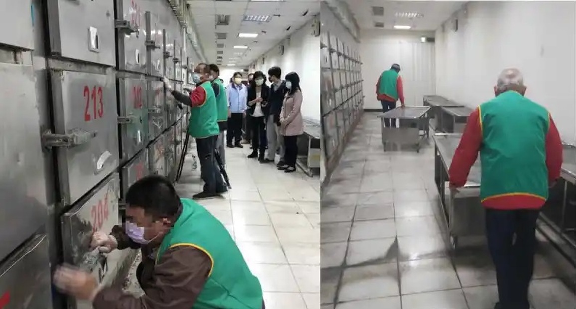 Những tài xế phạm lỗi lái xe khi say rượu đang làm việc tại nhà xác thành phố Cao Hùng (Ảnh: TEN).