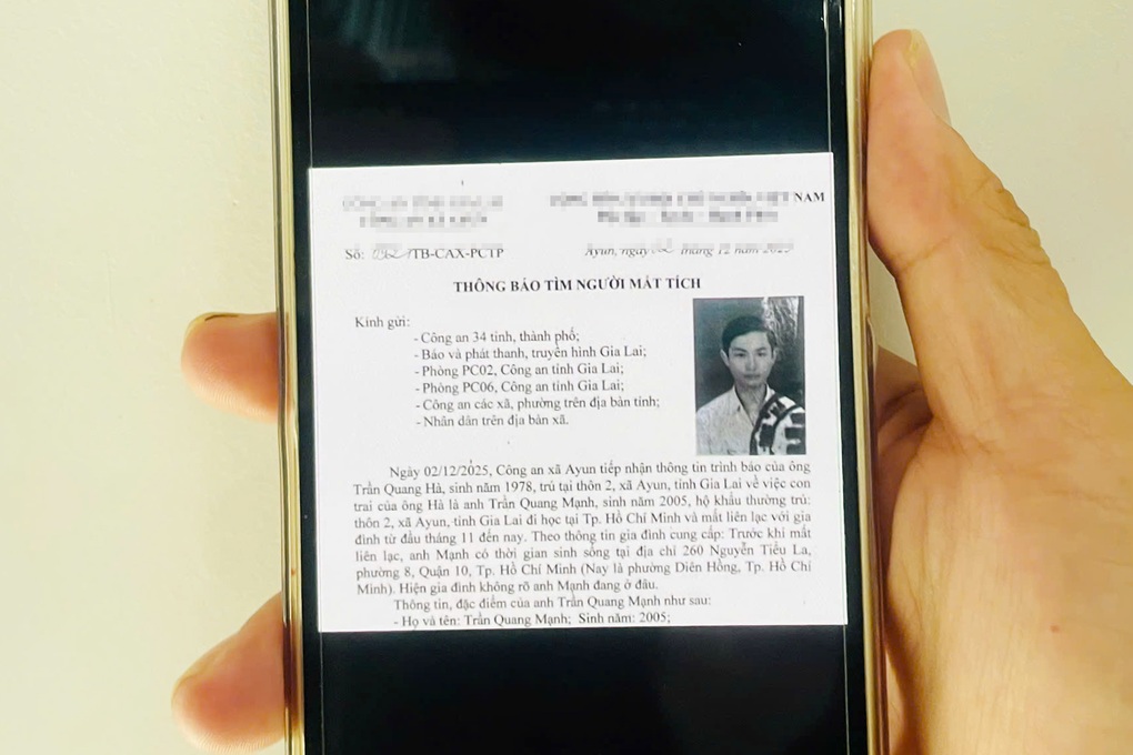 Nam sinh viên ở TPHCM mất tích gần 2 tháng sau khi xin tiền học - 1