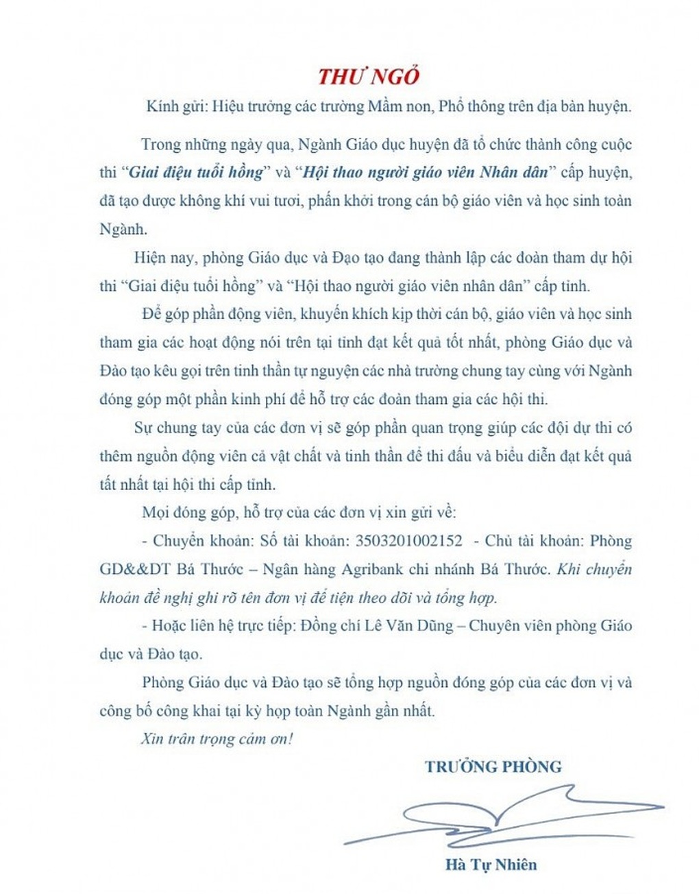 Trưởng phòng giáo dục viết thư ngỏ xin tiền nhà trường tổ chức hội thao - 1 Trưởng phòng giáo dục viết thư ngỏ xin tiền nhà trường tổ chức hội thao - 1