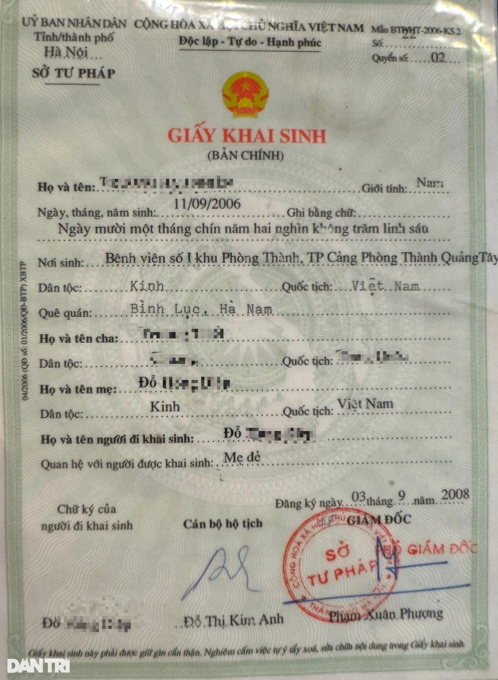 Hà Nội thu hồi, hủy bỏ một giấy khai sinh cấp năm 2008 - 1 Hà Nội thu hồi, hủy bỏ một giấy khai sinh cấp năm 2008 - 1