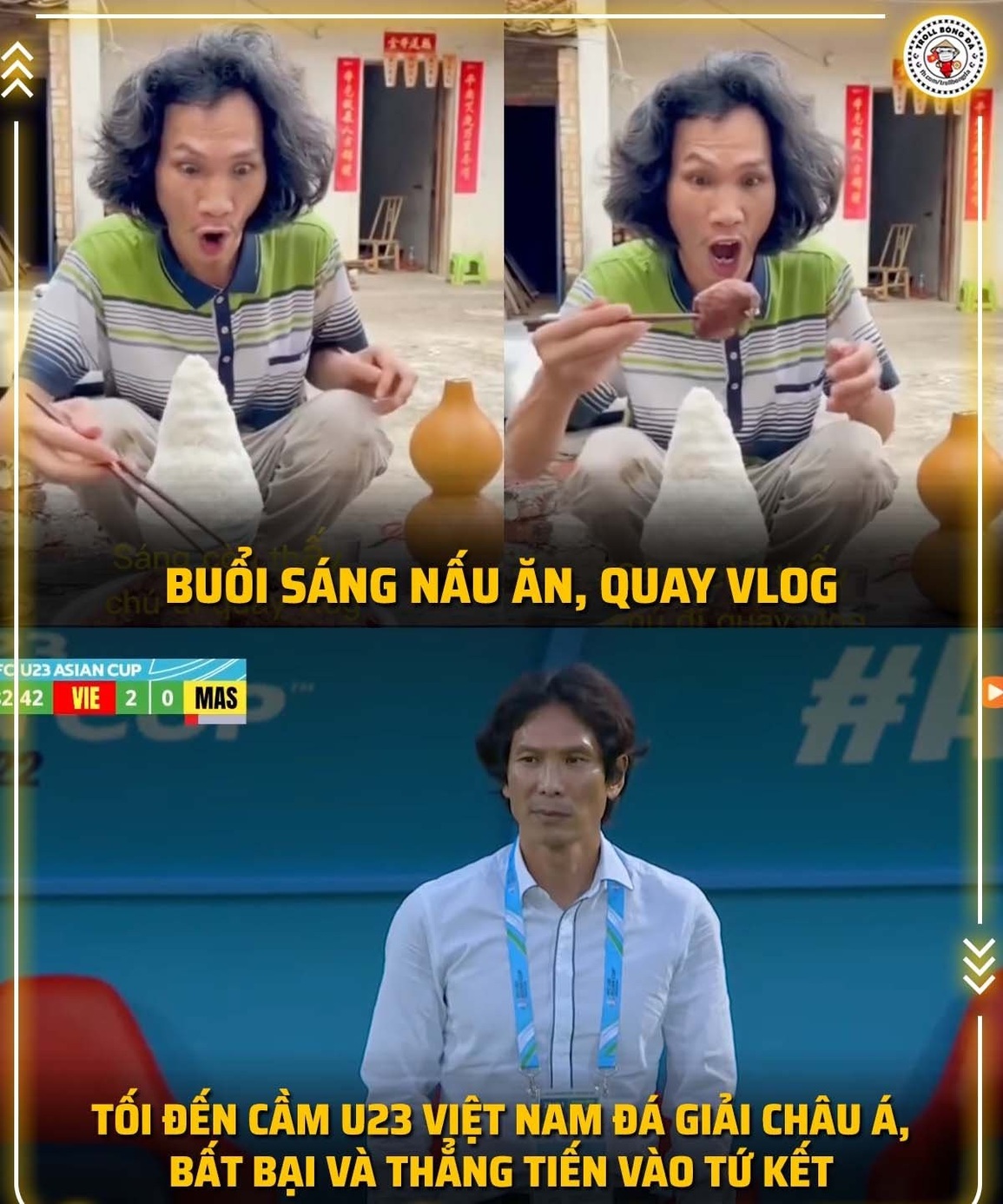 Nhiều cổ động viên Việt Nam hài hước nhận ra huấn luyện viên Gong Oh-kyun giống với một vlogger chuyên làm về ẩm thực của Trung Quốc (Ảnh: Troll bóng đá). Nhiều cổ động viên Việt Nam hài hước nhận ra huấn luyện viên Gong Oh-kyun giống với một vlogger chuyên làm về ẩm thực của Trung Quốc (Ảnh: Troll bóng đá).