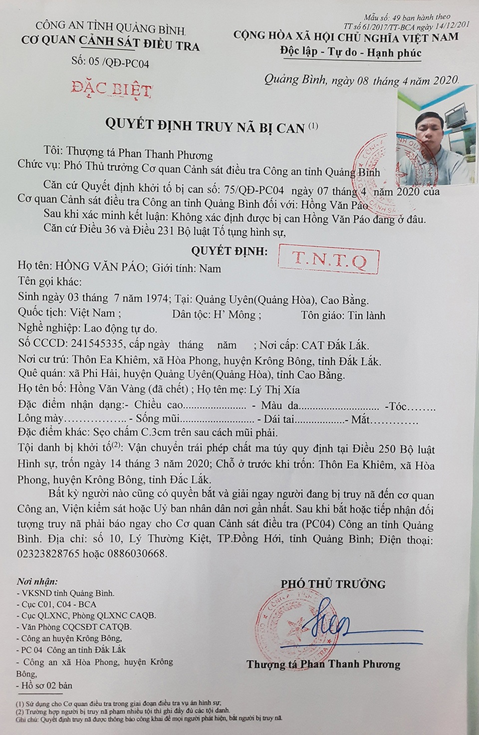 Truy nã bị can chủ mưu vụ vận chuyển hơn 3 tạ ma túy - 1 Truy nã bị can chủ mưu vụ vận chuyển hơn 3 tạ ma túy - 1