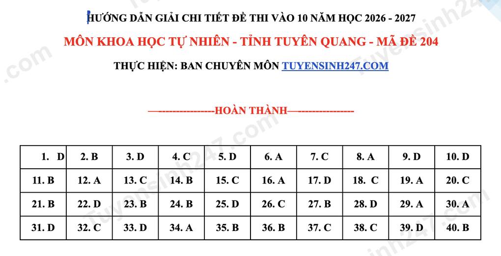Đáp án, đề thi môn khoa học tự nhiên lớp 10 tỉnh Tuyên Quang năm 2026 - 5