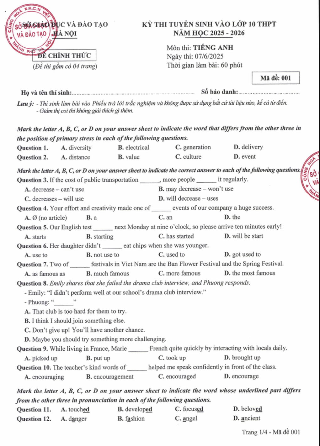 Đáp án chính thức môn tiếng Anh thi vào lớp 10 Hà Nội năm 2025 - 1 Đáp án chính thức môn tiếng Anh thi vào lớp 10 Hà Nội năm 2025 - 1