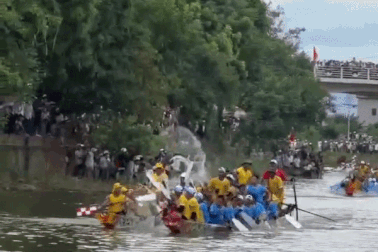 Vận động viên đua thuyền dùng mái chèo đánh nhau, một người ngã xuống sông