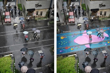 Bức tranh kỳ diệu đột nhiên "hiện hình" trên phố khi trời mưa