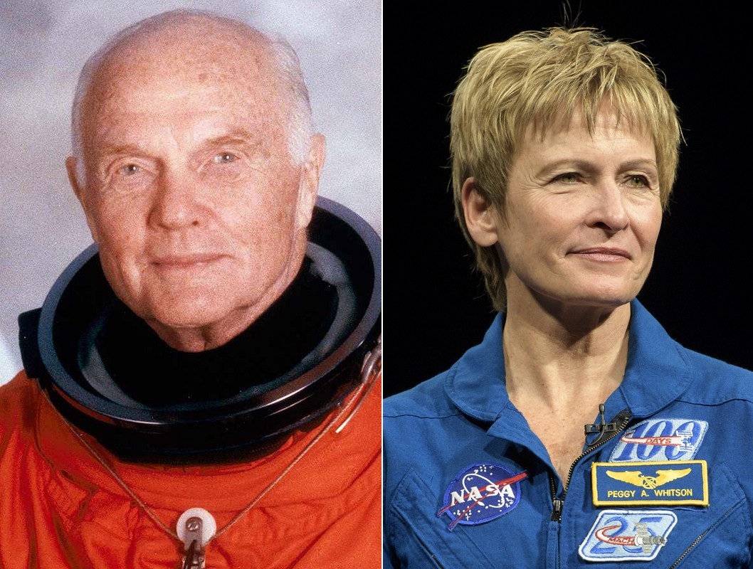 John Glenn (trái) và Peggy Whitson là những người cao tuổi nhất từng bay vào không gian (Ảnh: NASA).