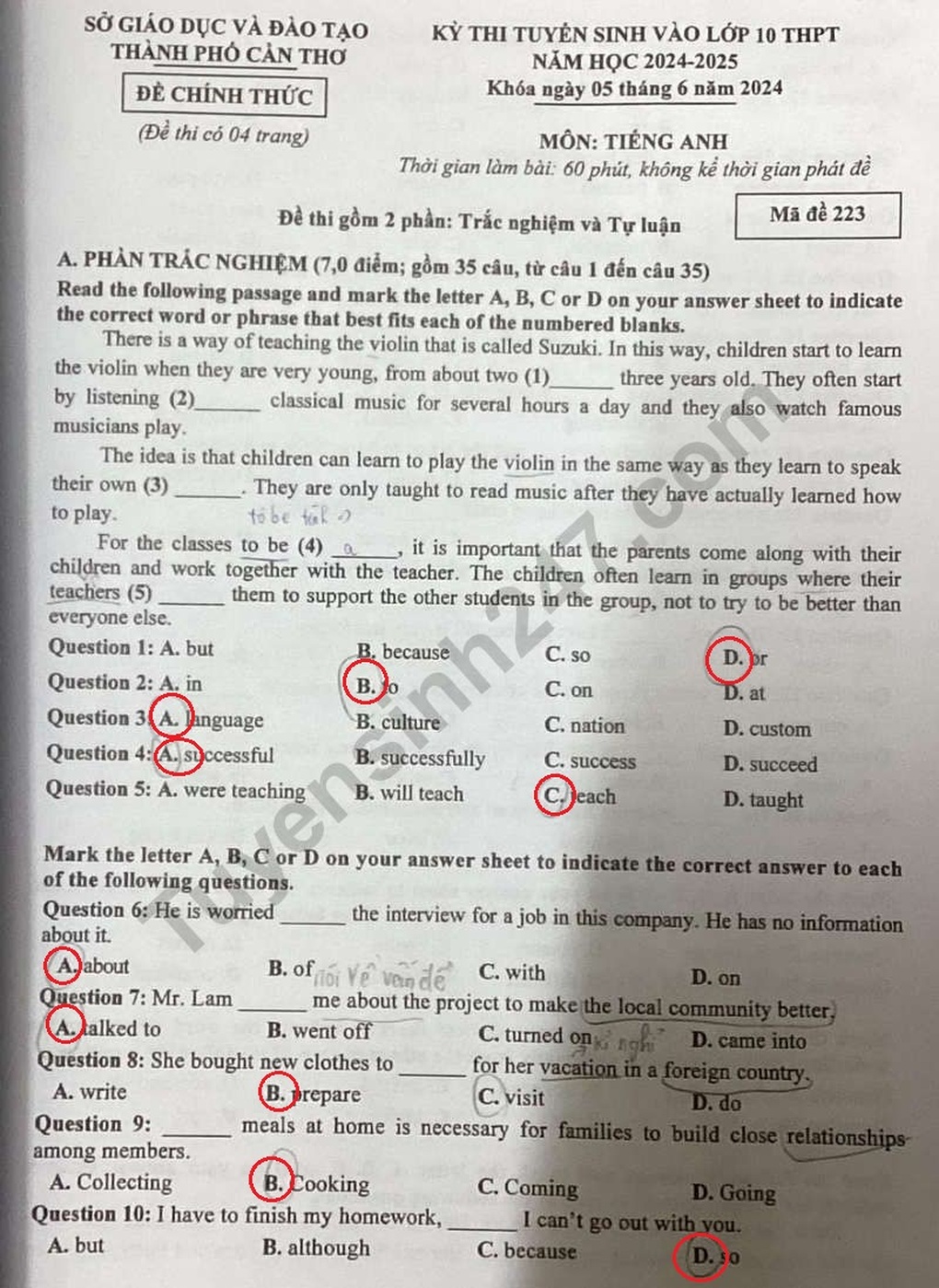 Đề thi, đáp án môn văn và tất cả các môn thi lớp 10 của Cần Thơ - 16 Đề thi, đáp án môn văn và tất cả các môn thi lớp 10 của Cần Thơ - 16