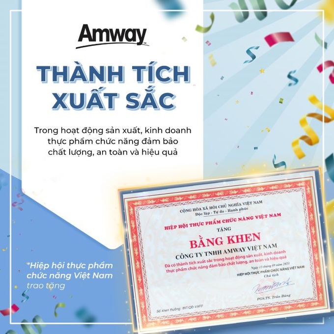 Amway Việt Nam vinh dự nhận Bằng khen của Hiệp hội Thực phẩm chức năng Việt Nam