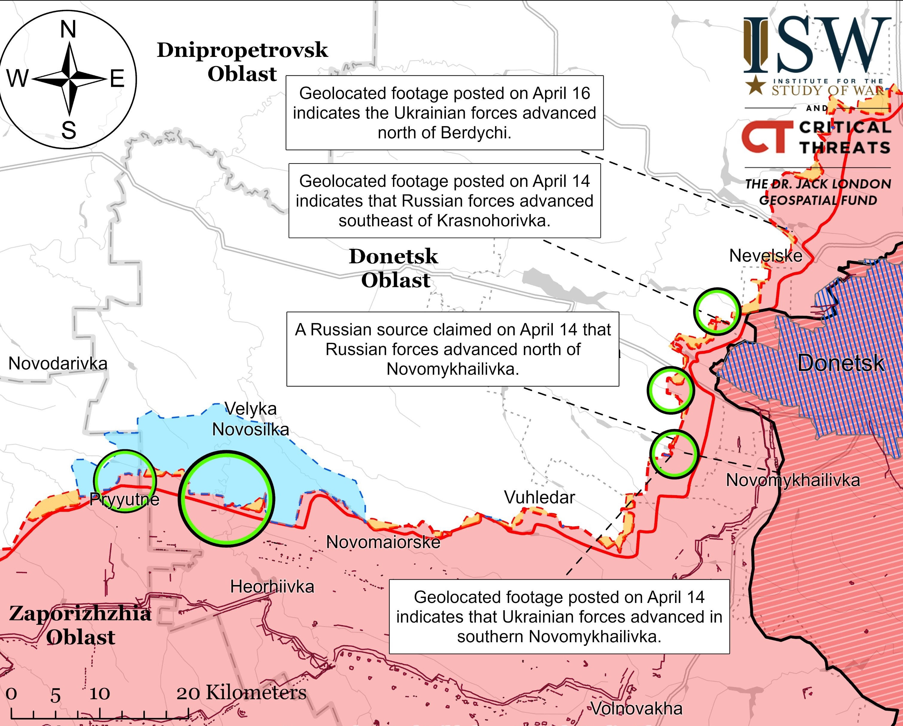 Bản đồ chiến sự Ukraine ngày 16/4. Trong đó, Nga kiểm soát khu vực màu hồng, những vòng tròn thể hiện các mặt trận, kích thước càng lớn càng nóng bỏng. Các khu vực màu vàng là nơi lực lượng Moscow mới giành quyền kiểm soát (Ảnh: ISW).