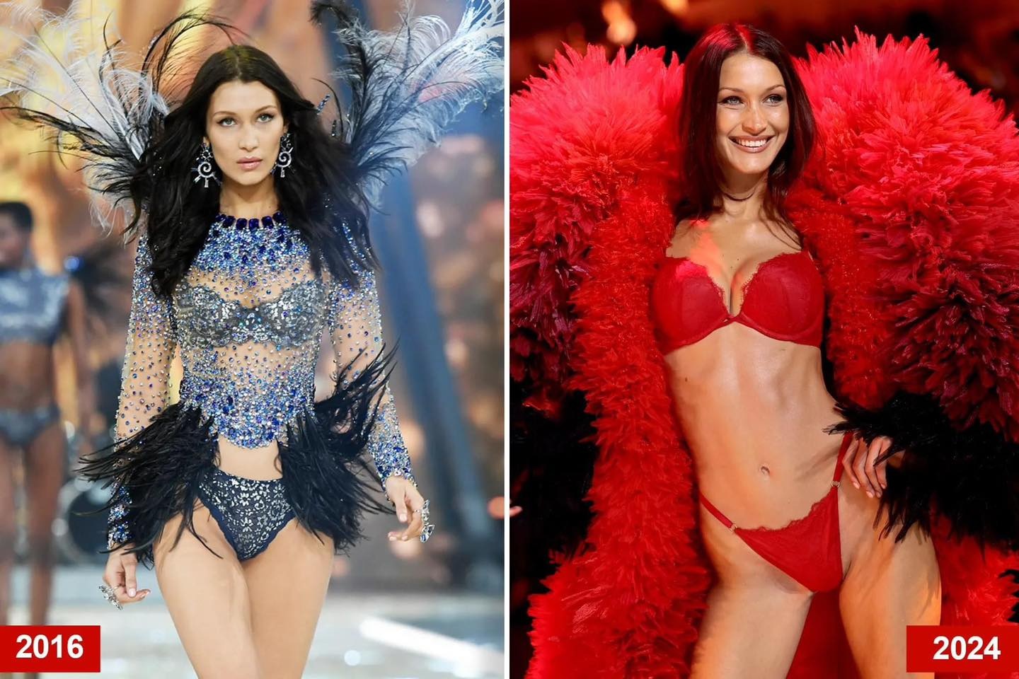 Bella Hadid được ưu ái giao cho thiết kế đỏ rực, hoành tráng và nổi bật nhất chương trình Victoria's Secret Fashion Show 2024. Người đẹp 28 tuổi được tạp chí Time đưa vào danh sách 100 nhân vật ảnh hưởng nhất thế giới năm 2023 (Ảnh: Page Six).