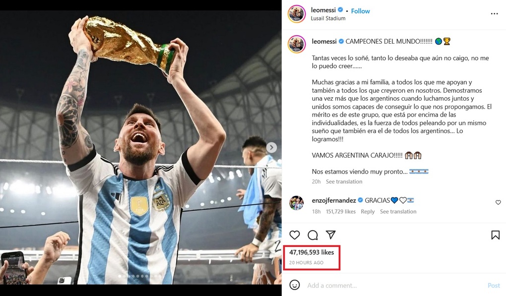 Bức ảnh Lionel Messi nâng cao cúp vàng World Cup đã lập kỷ lục khi đạt mốc 10 triệu lượt thích nhanh nhất Instagram (Ảnh: Lionel Messi). Bức ảnh Lionel Messi nâng cao cúp vàng World Cup đã lập kỷ lục khi đạt mốc 10 triệu lượt thích nhanh nhất Instagram (Ảnh: Lionel Messi).