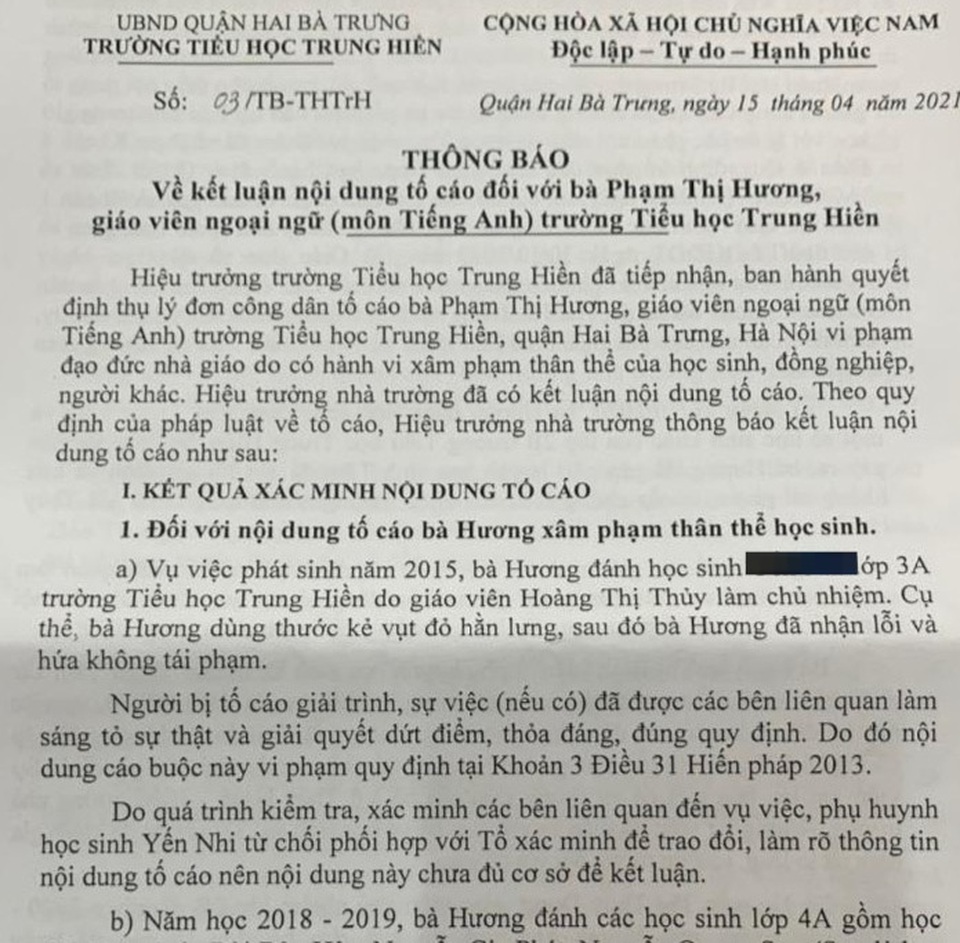 Kết luận vụ cô giáo đánh học sinh và đồng nghiệp: Phụ huynh lại kêu cứu - 1 Kết luận vụ cô giáo đánh học sinh và đồng nghiệp: Phụ huynh lại kêu cứu - 1