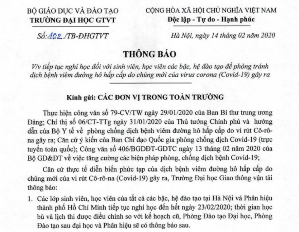 Hàng loạt trường đại học tiếp tục cho sinh viên nghỉ đến tuần cuối tháng 2 - 3 Hàng loạt trường đại học tiếp tục cho sinh viên nghỉ đến tuần cuối tháng 2 - 3